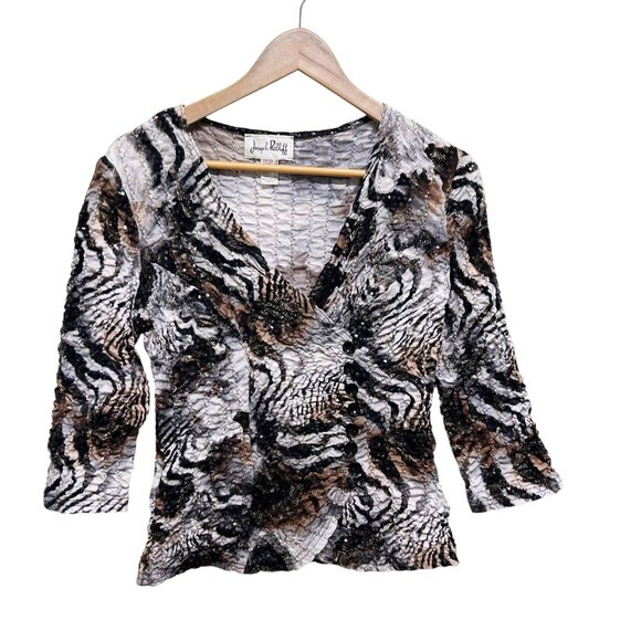 Joseph Ribkoff Smocked Animal Print Sequin Detailed Top Size 8 - Picture 1 of 4
